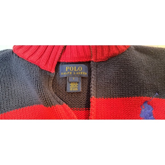 Polo Ralph Lauren Kids Navy Red Striped Quarter Zip Sweater Pony Logo Size 7 - Picture 4 of 9